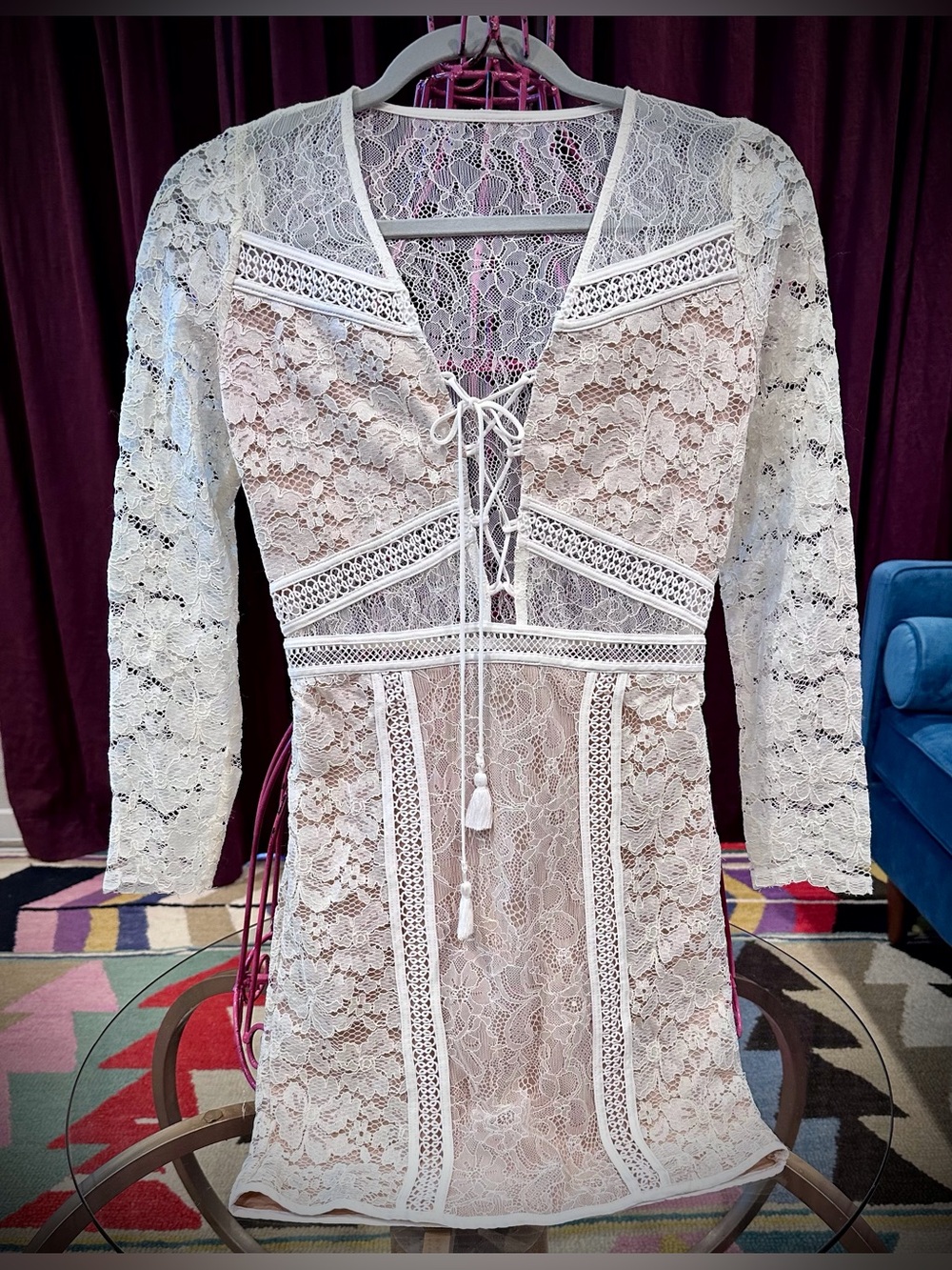Express White Lace Mini Dress with Tie-Front